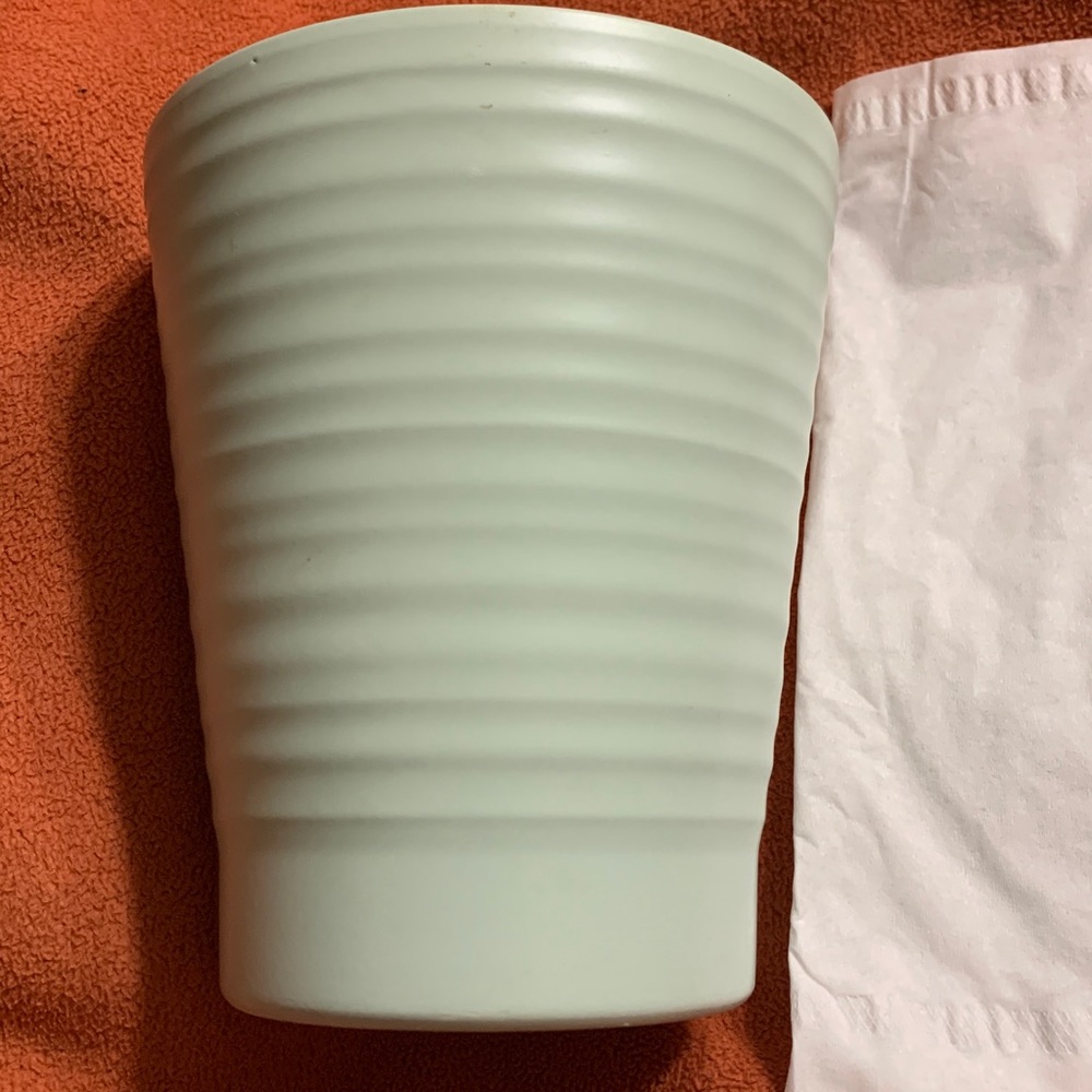 Handmade Ribbed Pottery planter pale mint green Made in Germany 9 inch